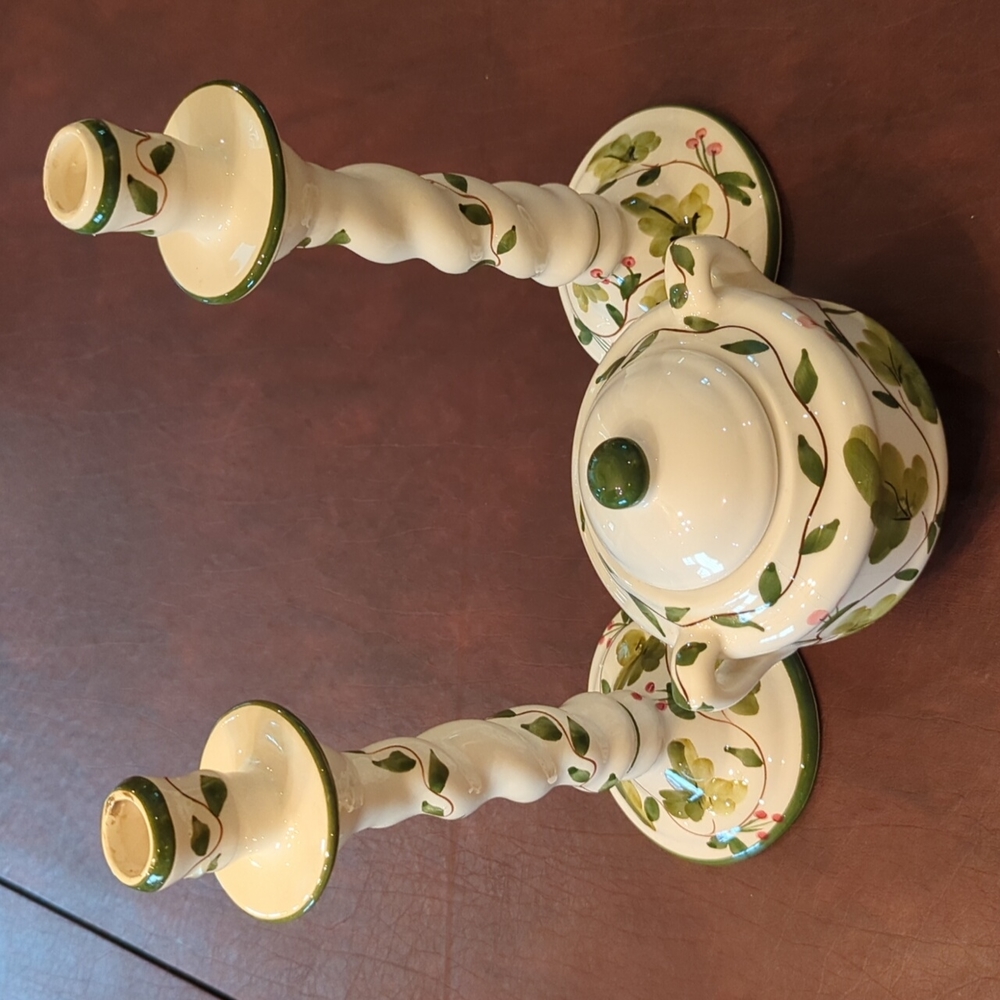 Portuguese Pottery Candle sticks and sugar bowl with lid. Winterberry pattern